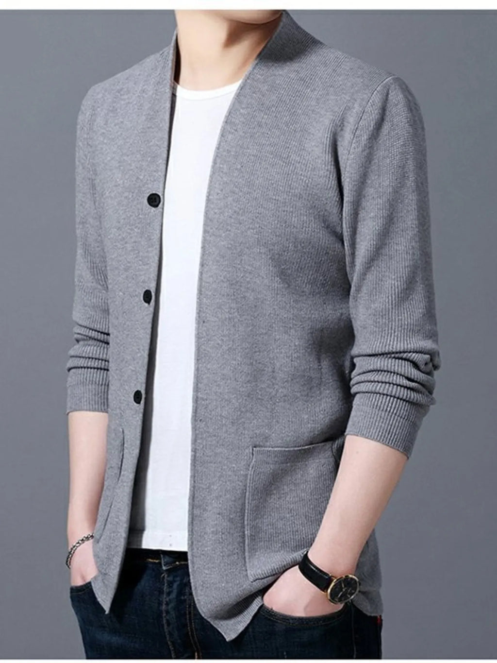 Men's Plus Size Long Sleeve Cardigan with Pockets