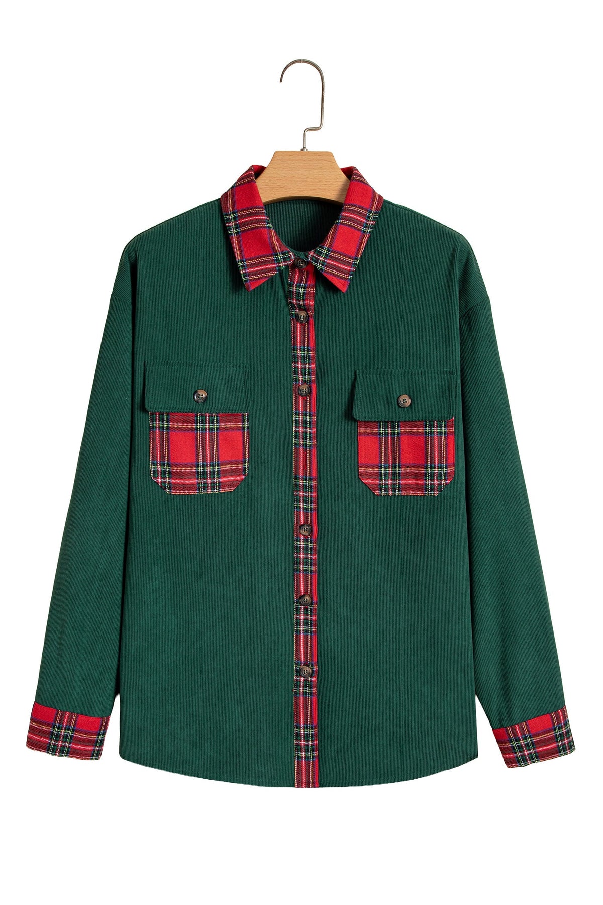 Blackish Green Plaid Pocket Button Long Sleeve Shift Shacket