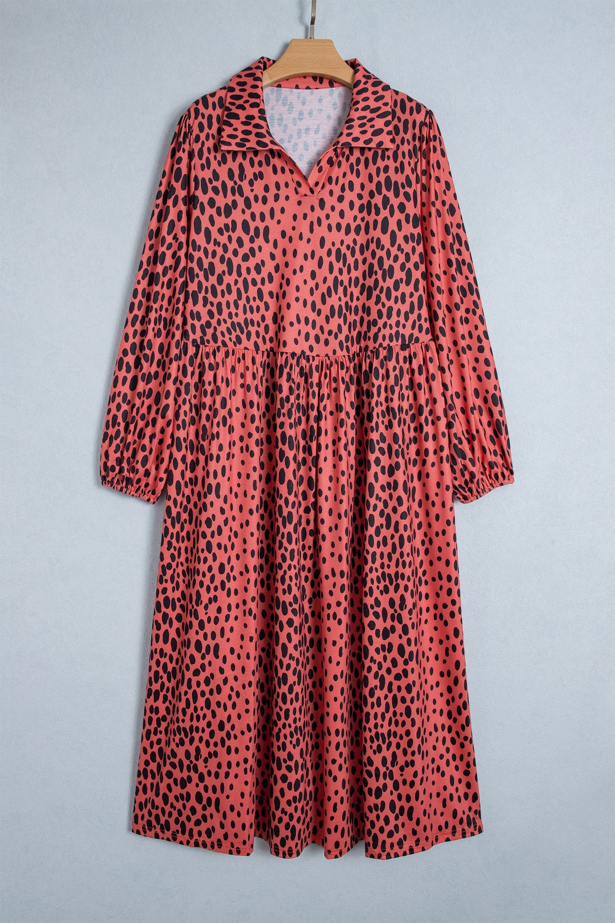 Red Leopard Print Long Sleeve V Neck Plus Size Midi Dress