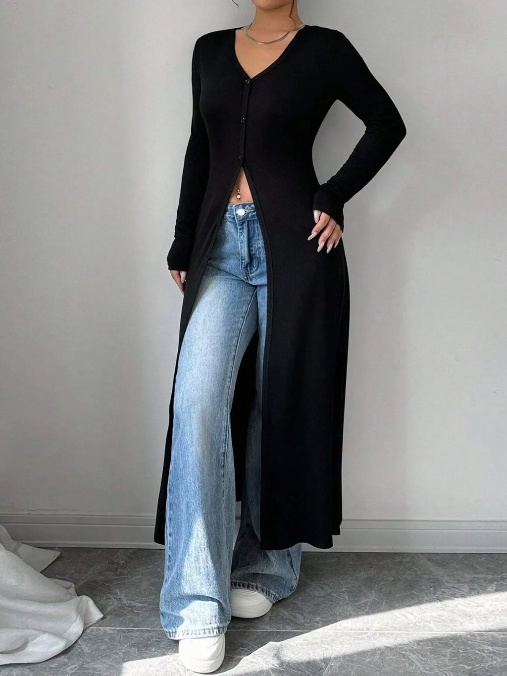 V-Neck Button-Front Longline Cardigan