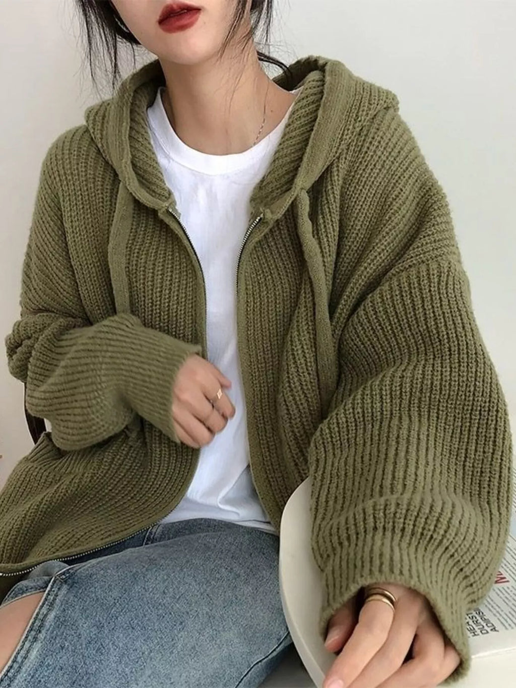 Casual Knitted Zip-Up Hooded Cardigan