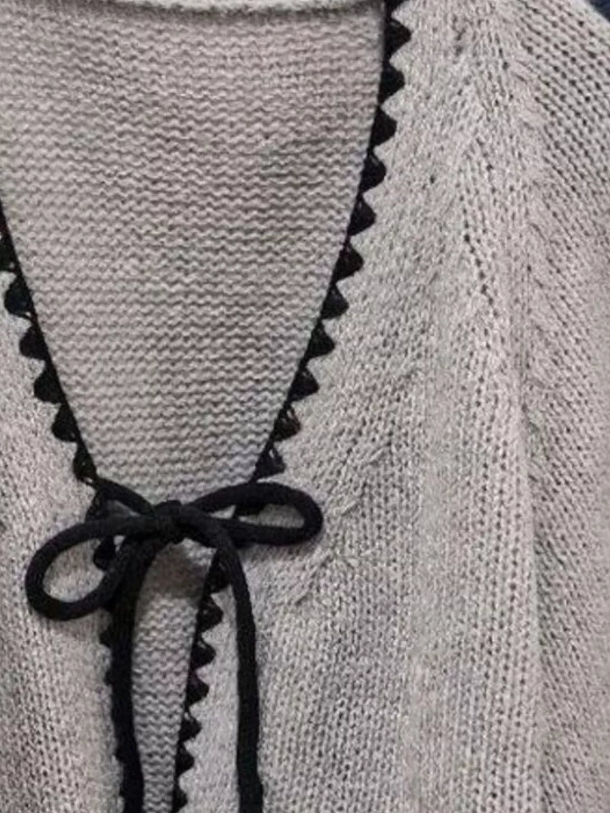 Full Size Chic Tie-Front Contrast-Trim Cardigan Plus Size