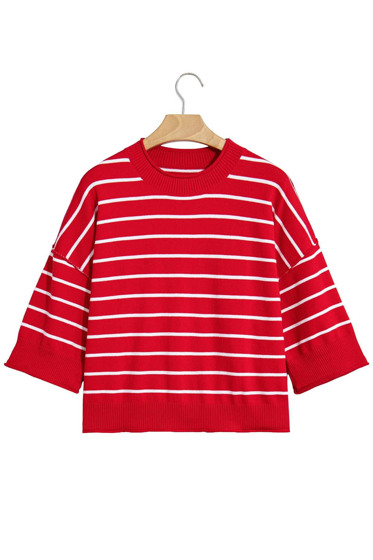 Red Stripe Dropped Shoulder Half Sleeve Relaxed Knit Sweater