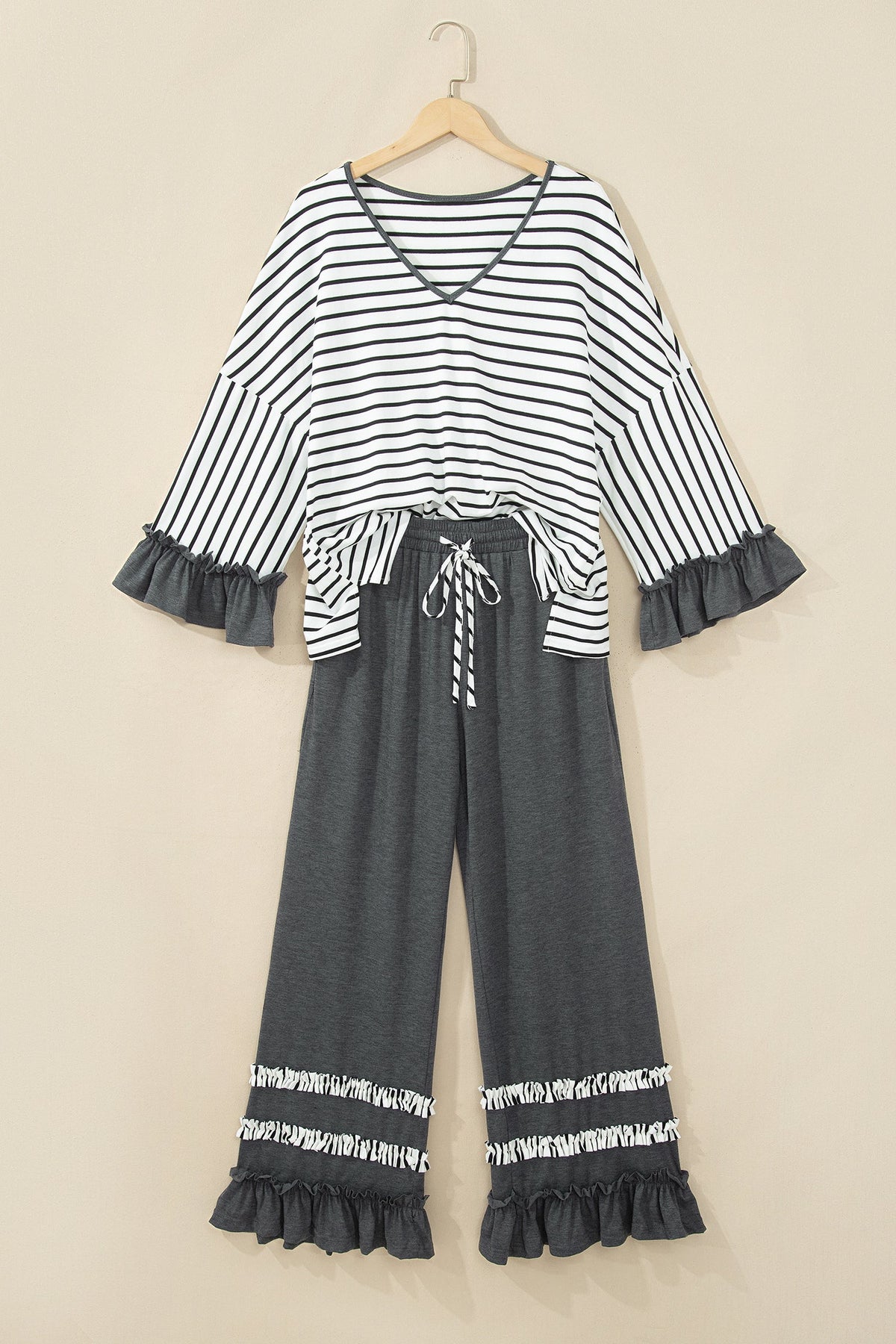 Gray Stripe V Neck Ruffle Contrast Sleeve Top Drawstring Pants 2pcs Set