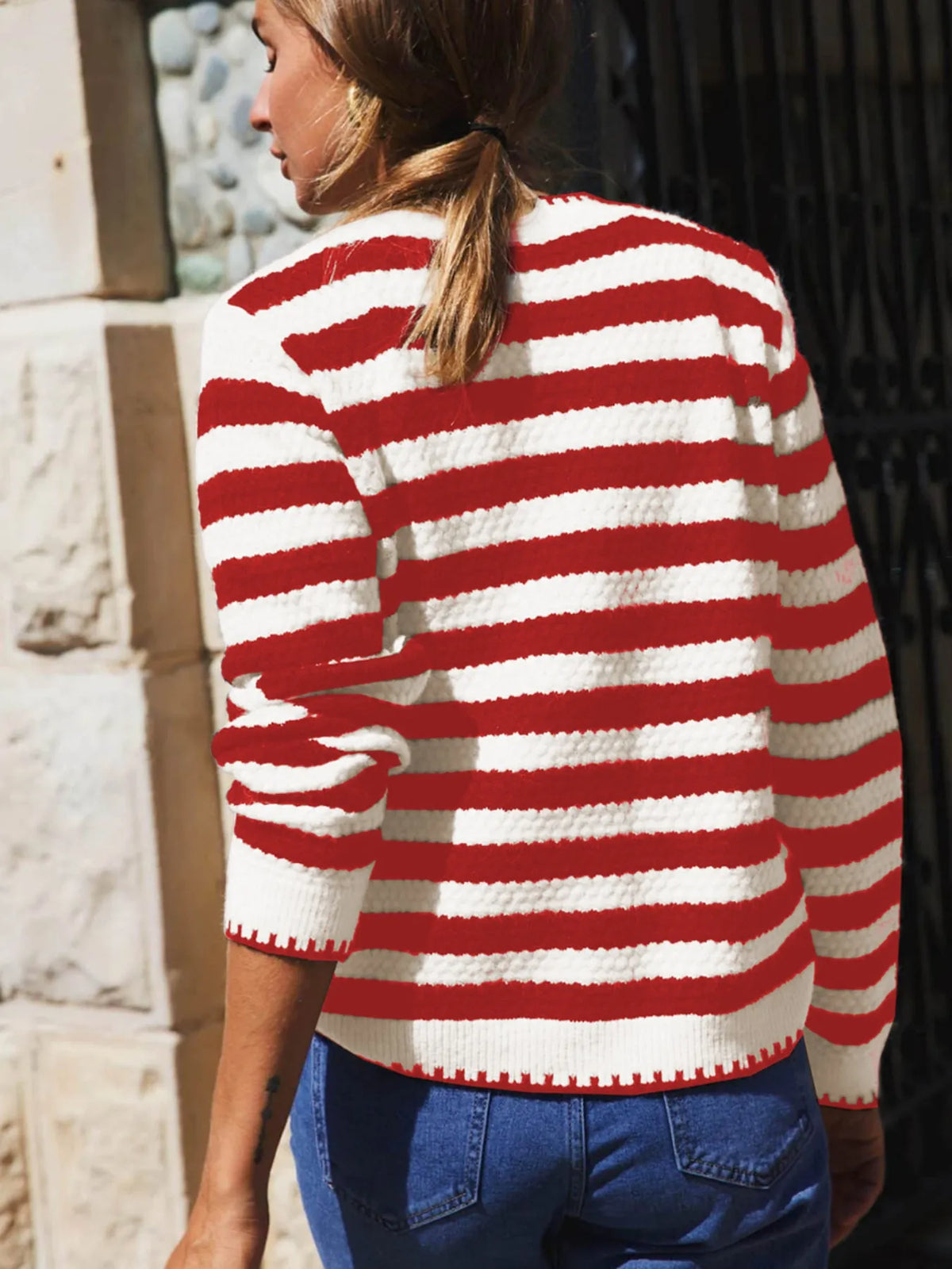 Button Down Striped Long Sleeve Cardigan