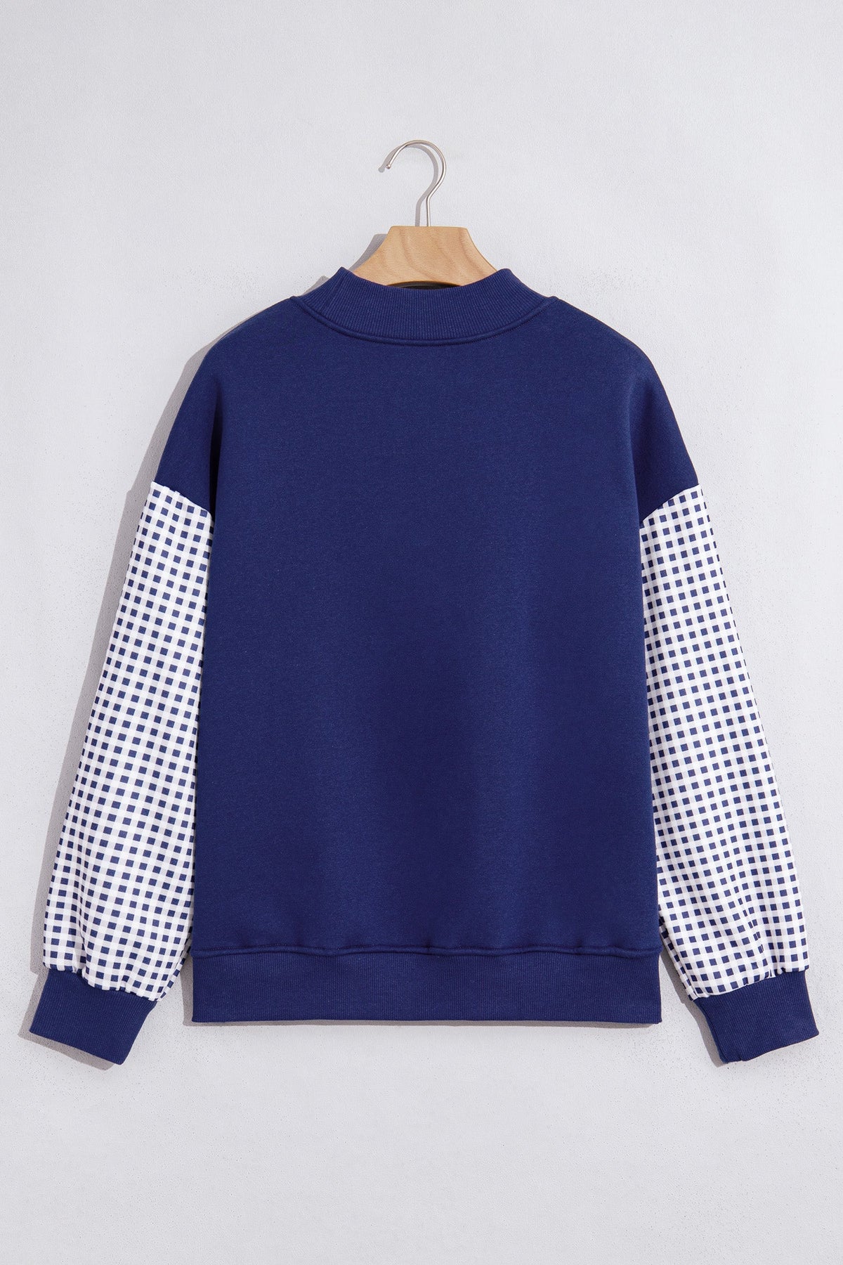 Dirty blue Plaid Sleeve Colorblock Loose Tunic Sweatshirt