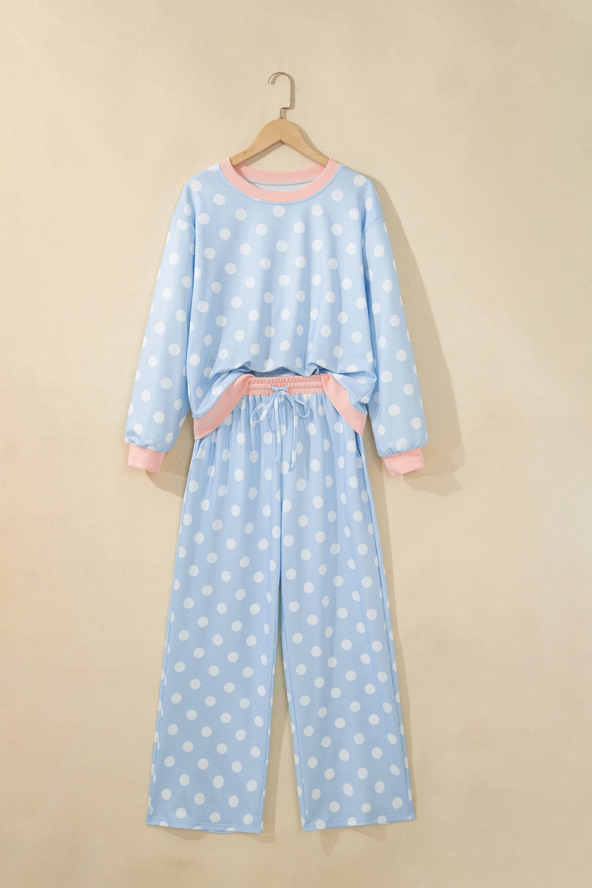 Pink Polka Dot Contrast Trim Long Sleeve Top Drawstring Shift Pants Set