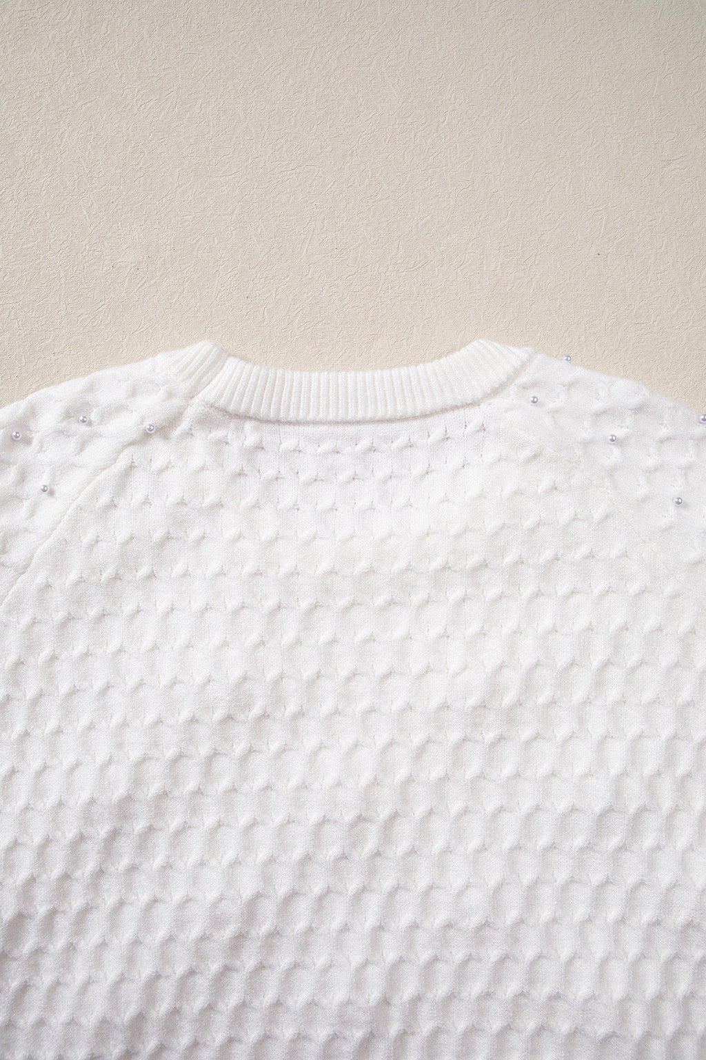 White Solid Textured Knit Pearl Embellished Pullover Sweater