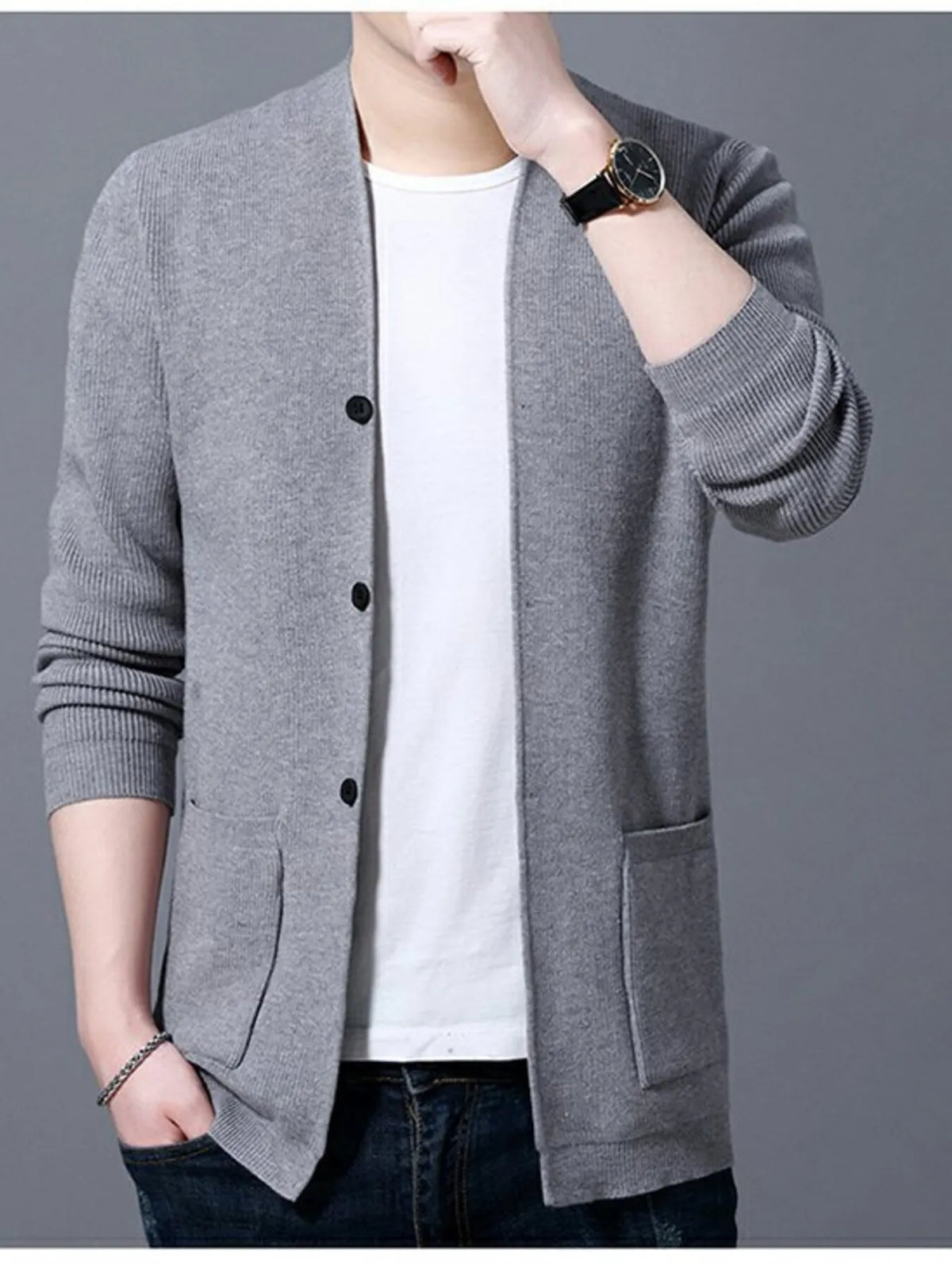 Men's Plus Size Long Sleeve Cardigan with Pockets