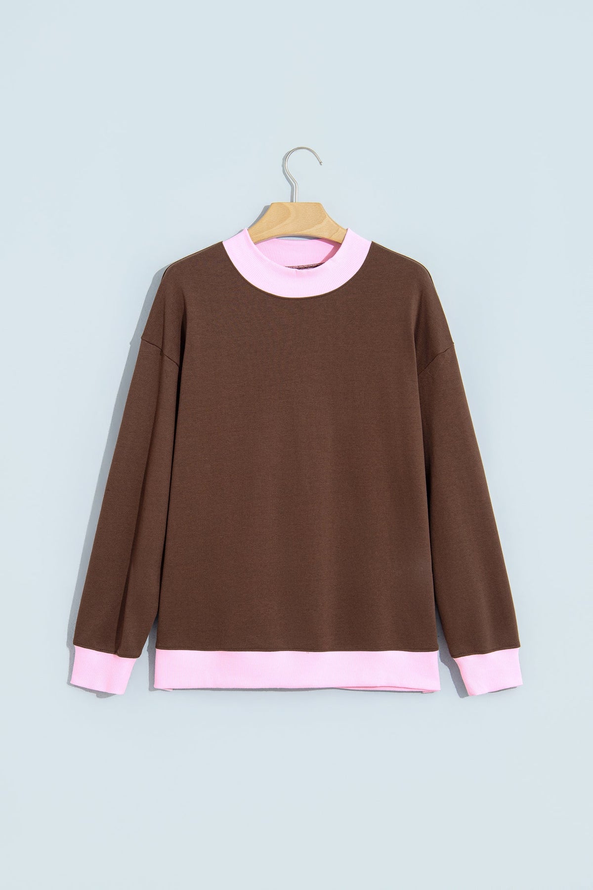 Pink Colorblock Trim Crewneck Long Sleeve Pullover Sweatshirt