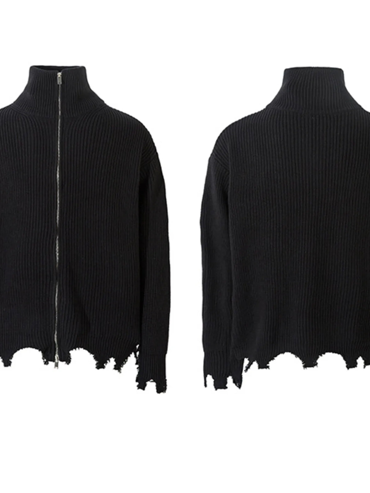 Men's Distressed Hem Ribbed Knit Zip-Up Cardigan