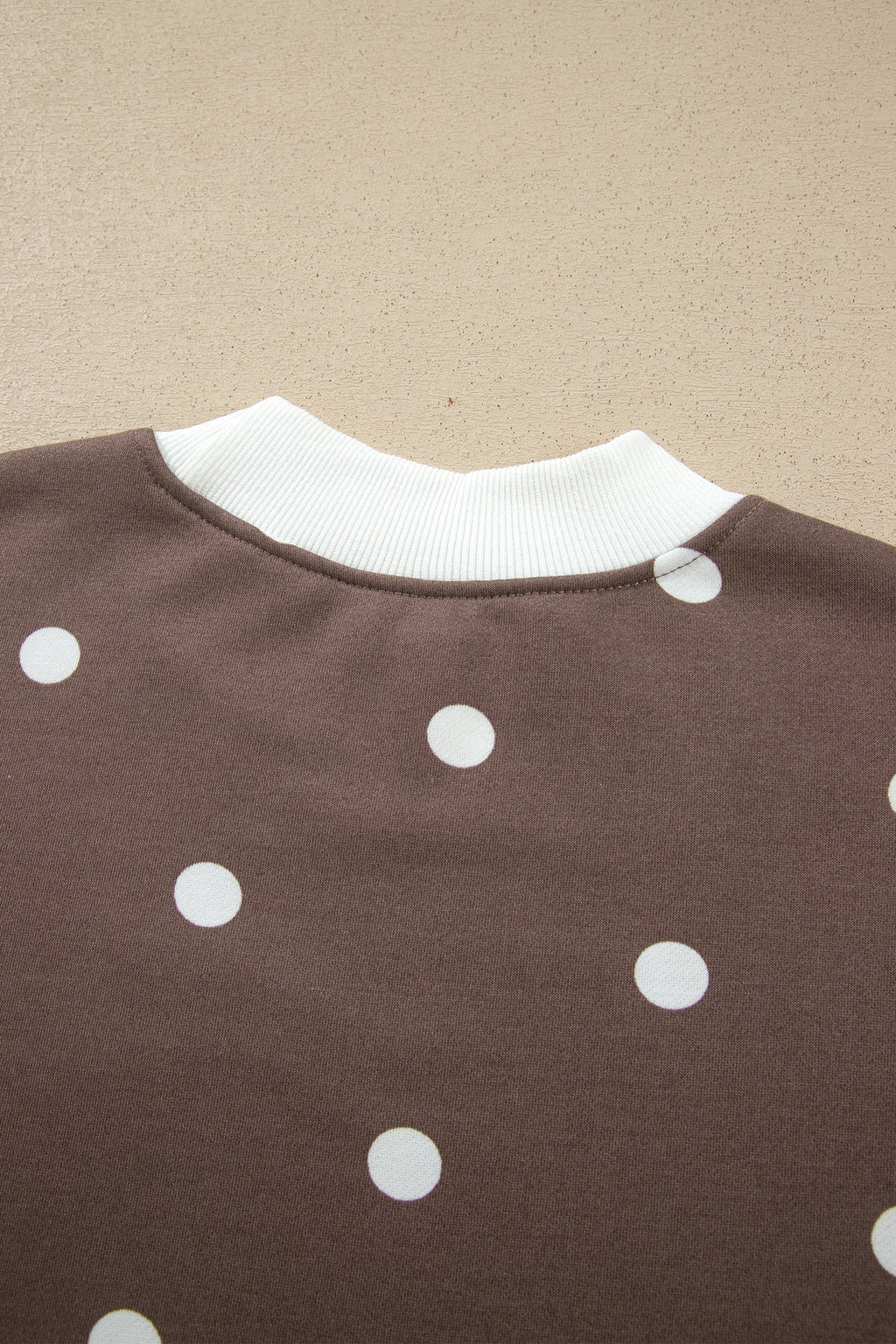 Brown Polka Dot Ribbed Trim Long Sleeve Top Casual Short Set
