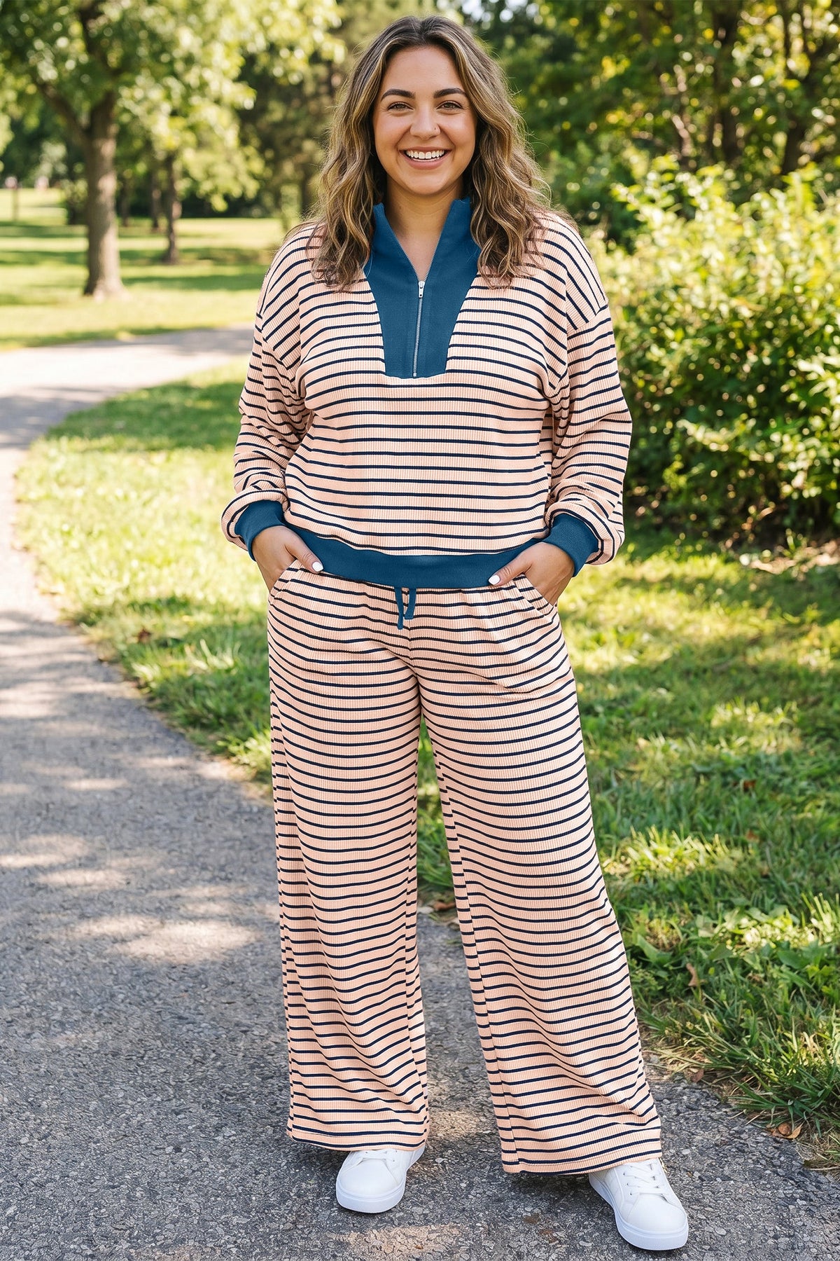 Pink Stripe Striped Colorblock V Neck Long Sleeve Plus Size Set