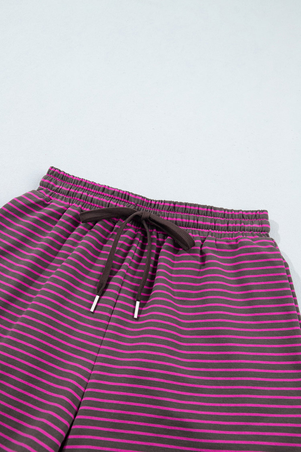 Blue Stripe Ribbed Patchwork Mock Neck Baggy Pullover Matching Shorts Set