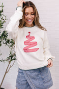 Beige Stitched Detail Christmas Tree Holiday Casual Sweater