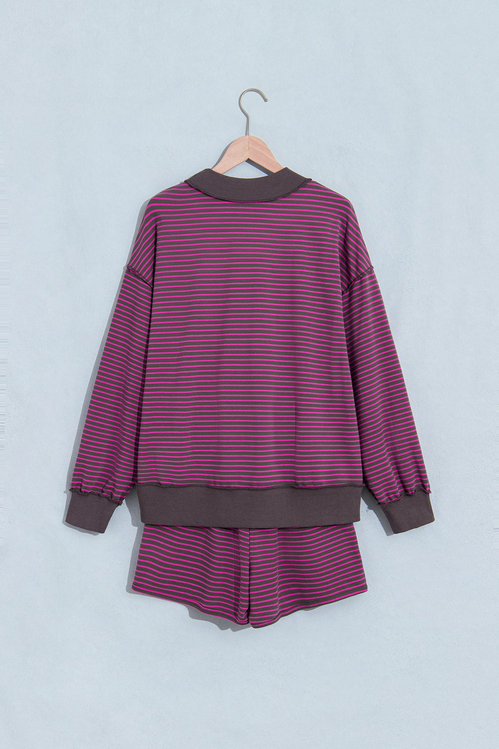 Blue Stripe Ribbed Patchwork Mock Neck Baggy Pullover Matching Shorts Set