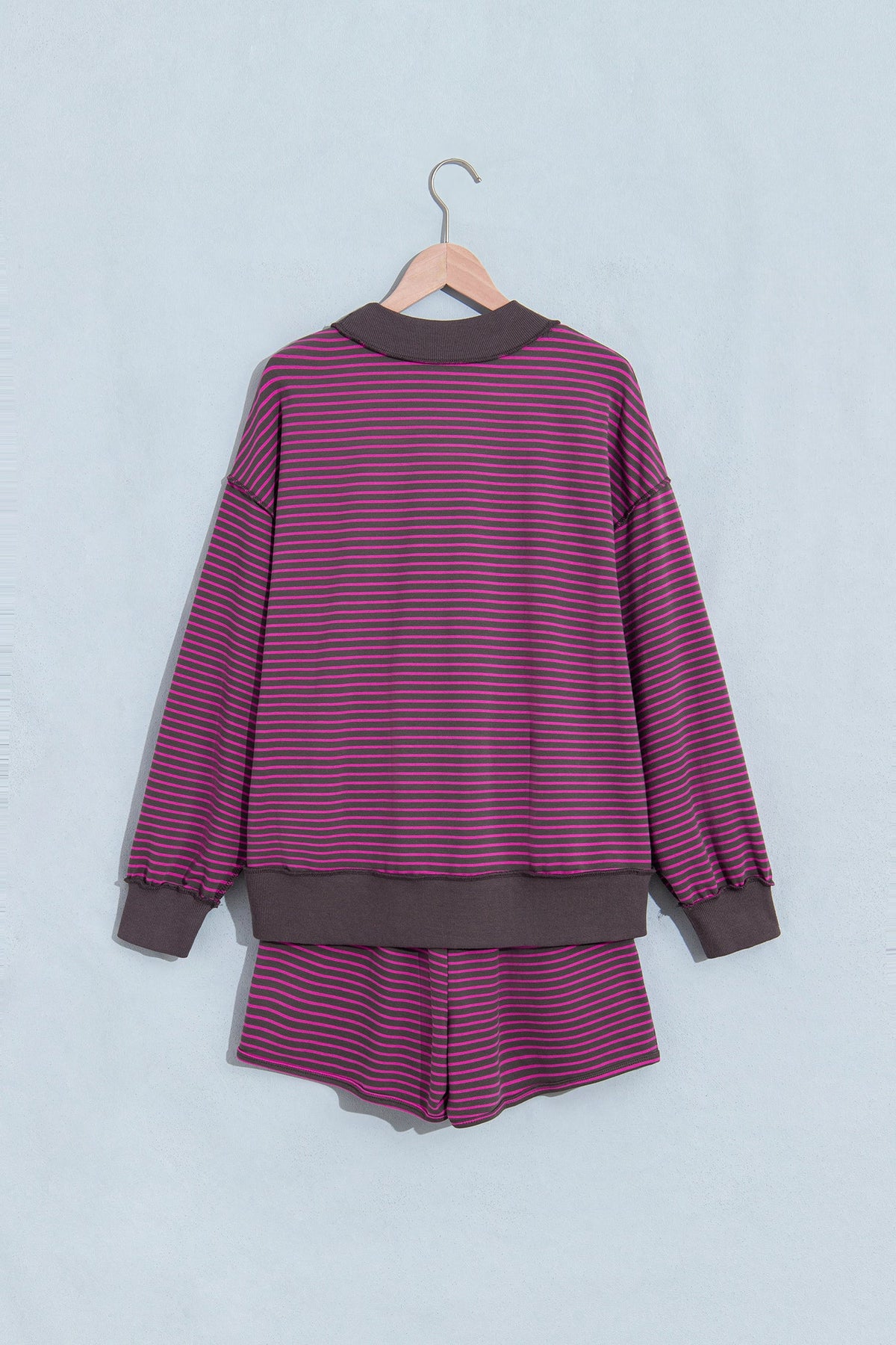 Blue Stripe Ribbed Patchwork Mock Neck Baggy Pullover Matching Shorts Set