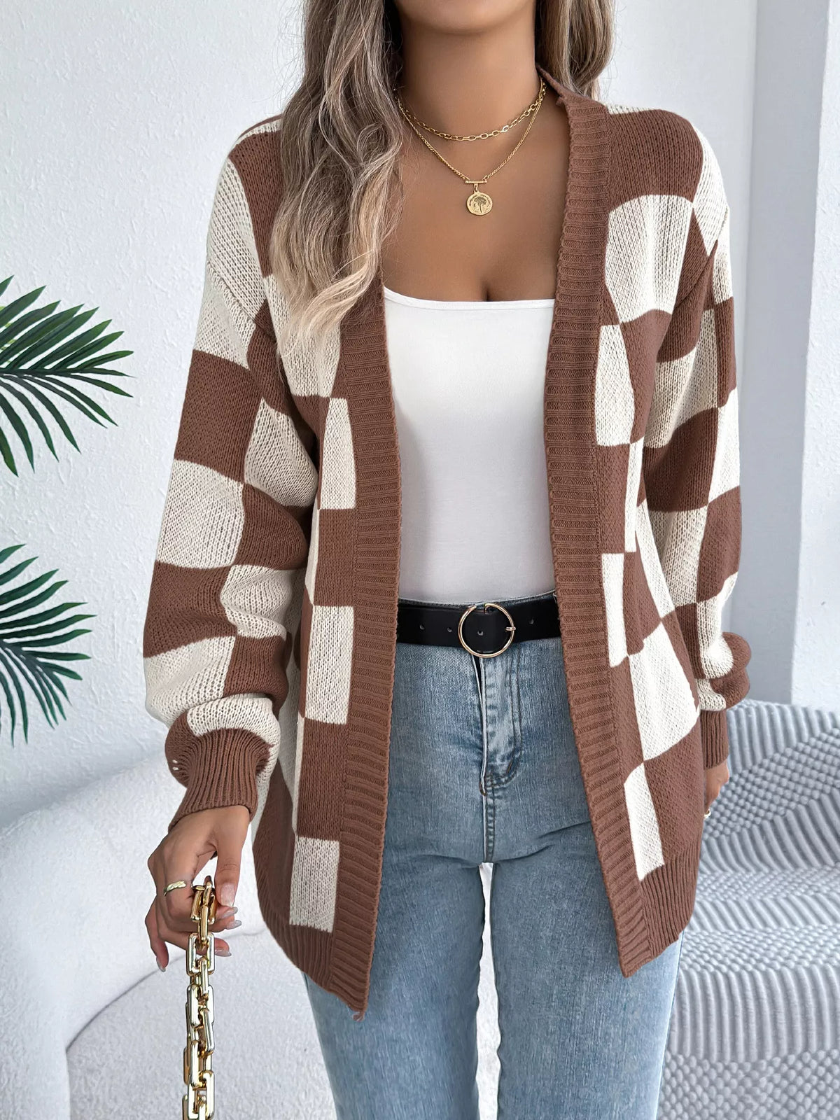 Checkered Pattern Open Front Cardigan
