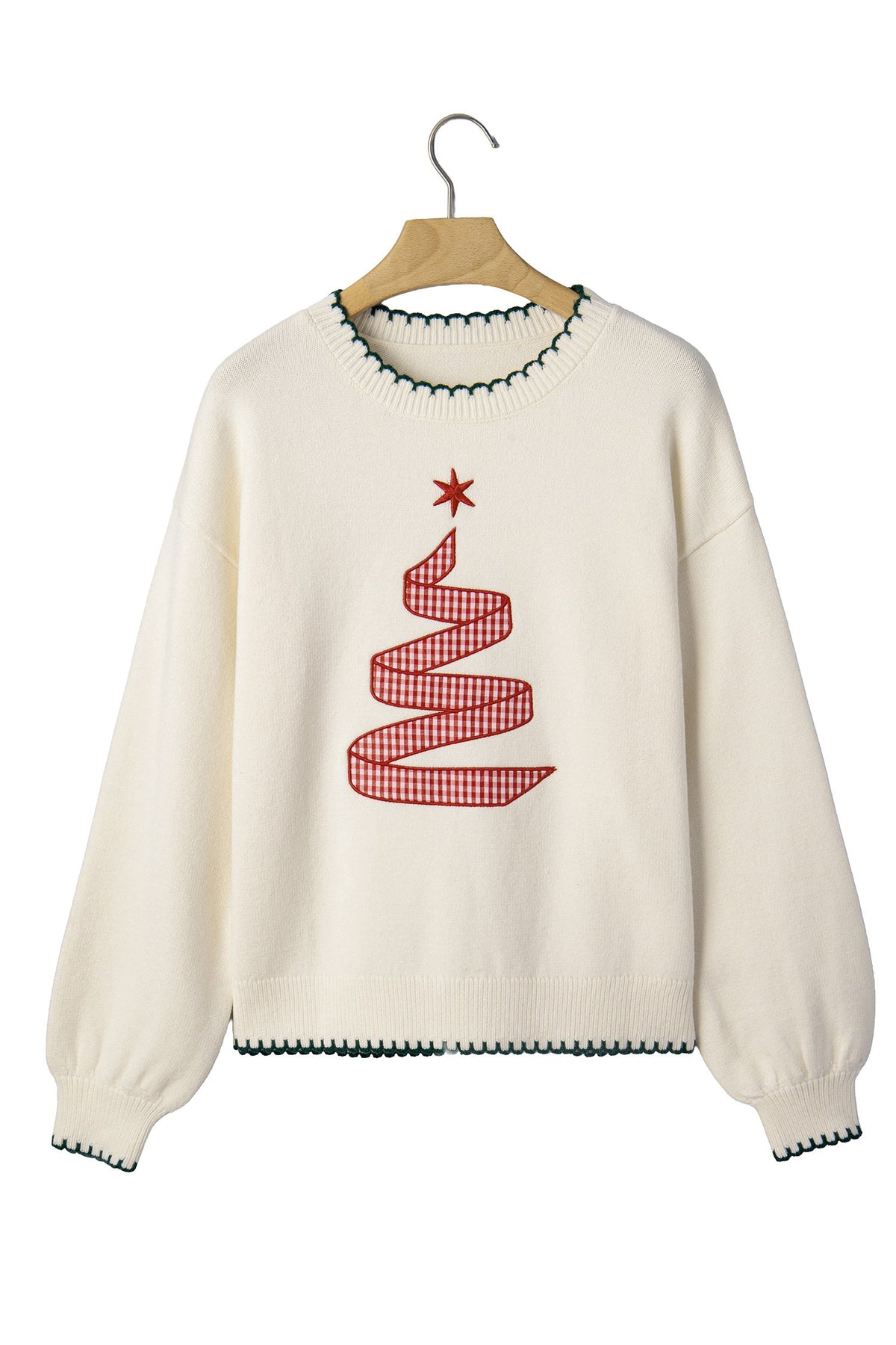 Beige Stitched Detail Christmas Tree Holiday Casual Sweater