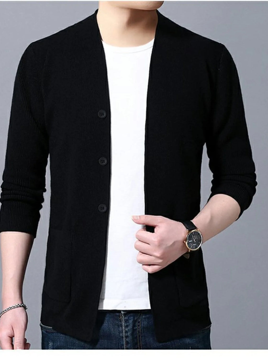 Men's Plus Size Long Sleeve Cardigan with Pockets