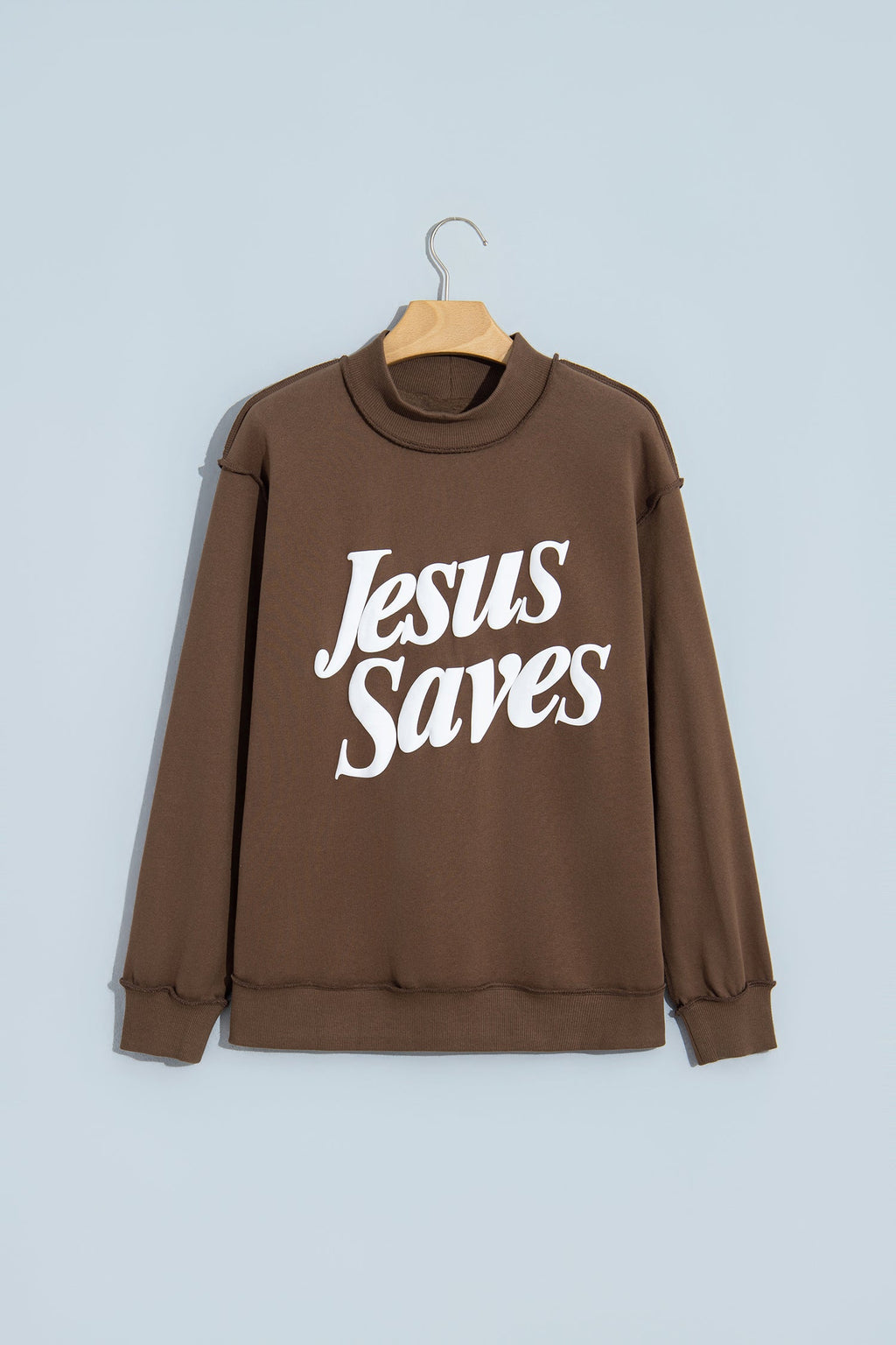 Mist Blue Jesus Saves Slogan Print Stand Neck Baggy Sweatshirt