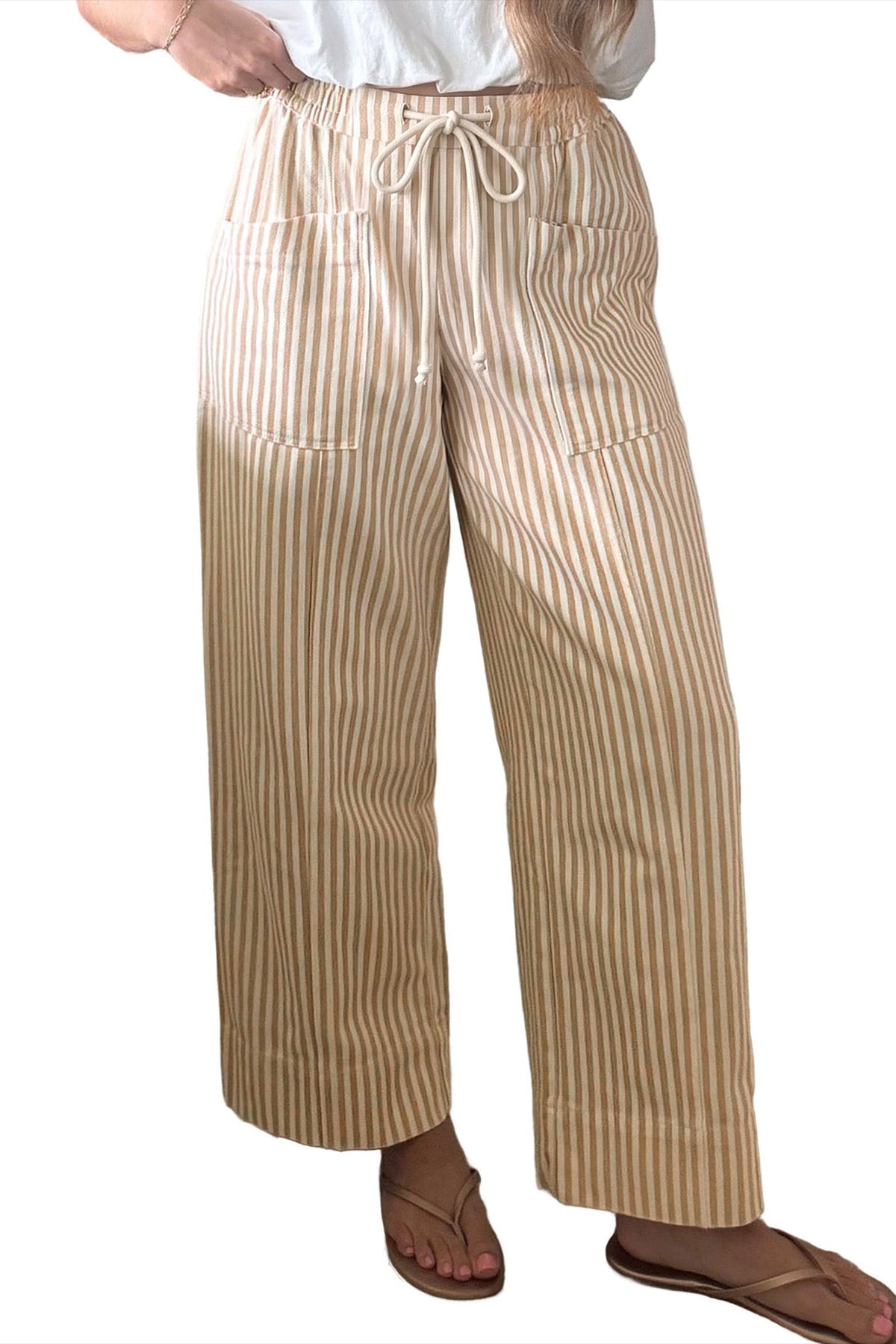 Apricot Stripe Ribbon Drawstring Waist Full-Length Shift Pant