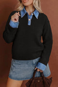 Black Denim Patchwork Collar Cuffed Casual Sweater