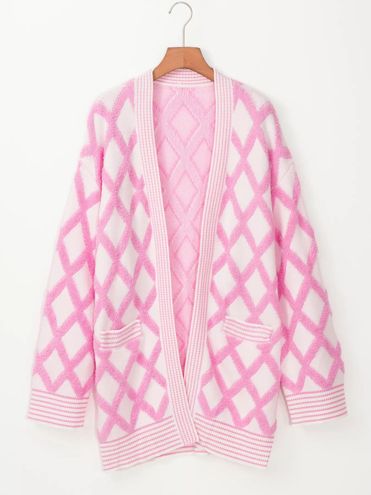 Rhombus Pattern Knit Open Front Pocketed Cardigans