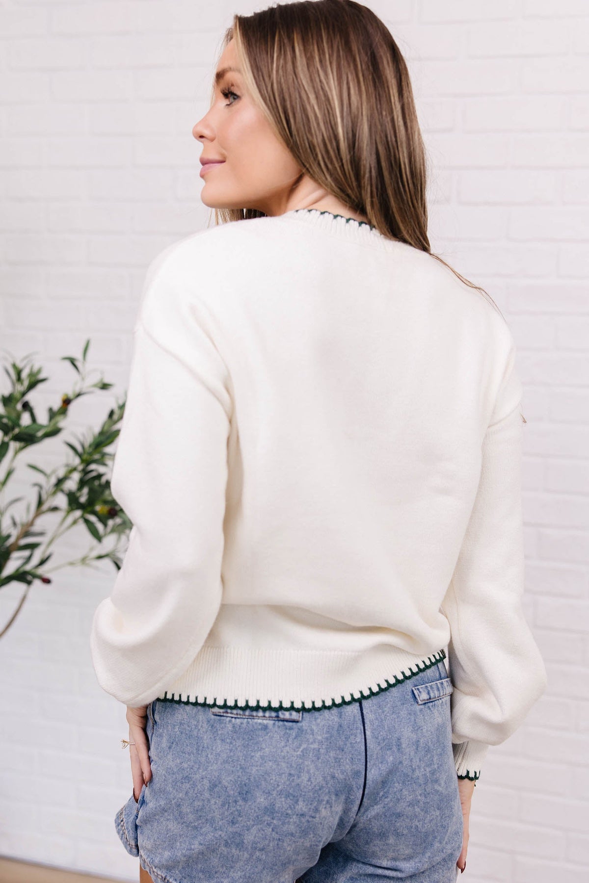 Beige Stitched Detail Christmas Tree Holiday Casual Sweater