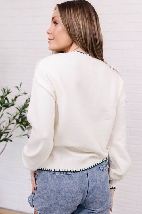 Beige Stitched Detail Christmas Tree Holiday Casual Sweater