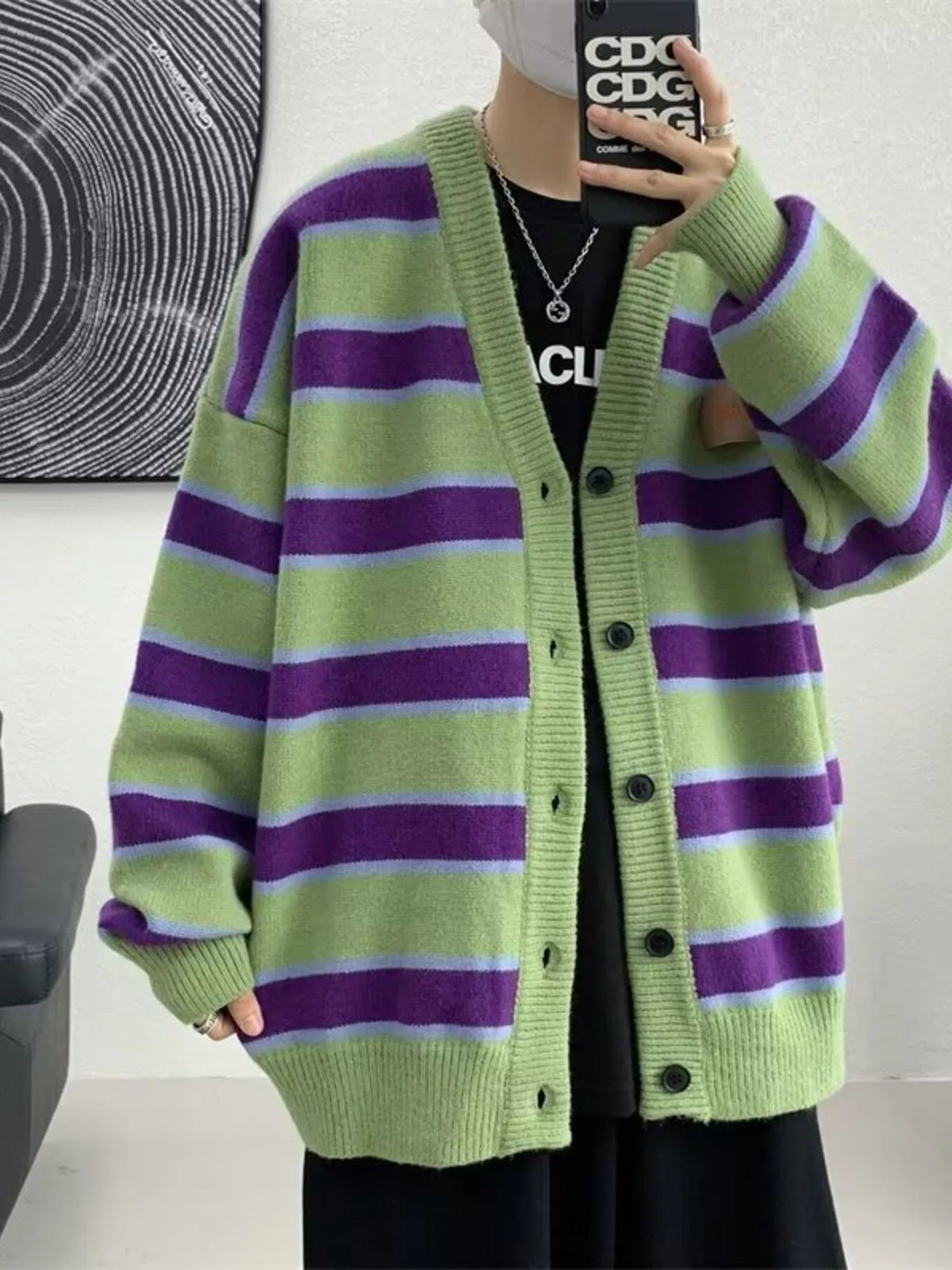 Men's Striped V-Neck Knitted Cardigan