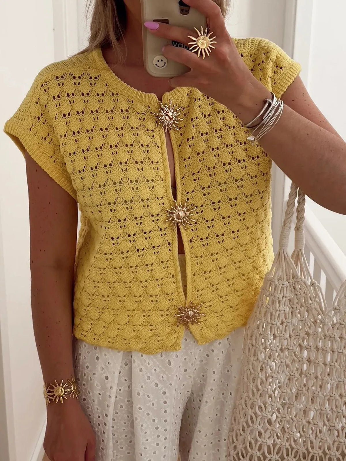 Crochet Short Sleeve Button Front Cardigan
