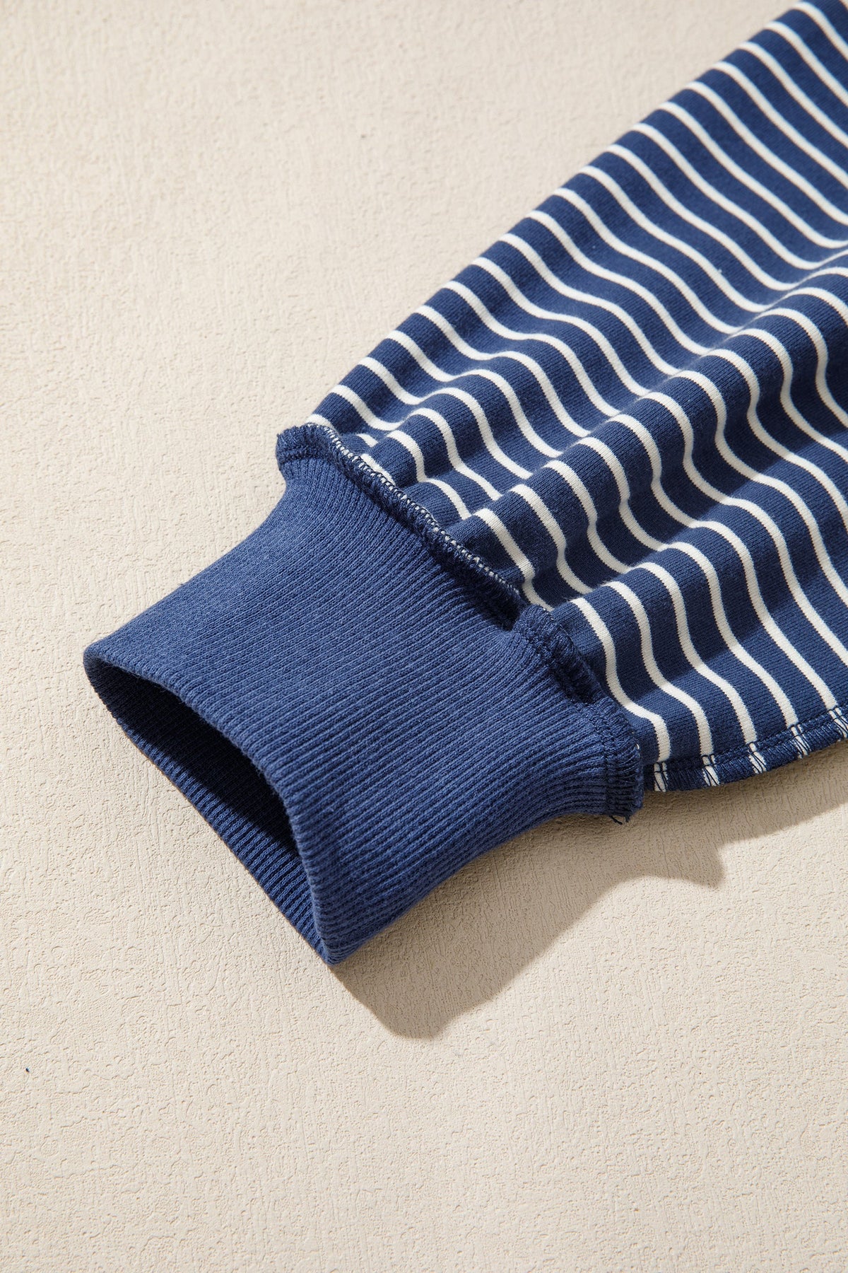 Blue Stripe Ribbed Patchwork Mock Neck Baggy Pullover Matching Shorts Set