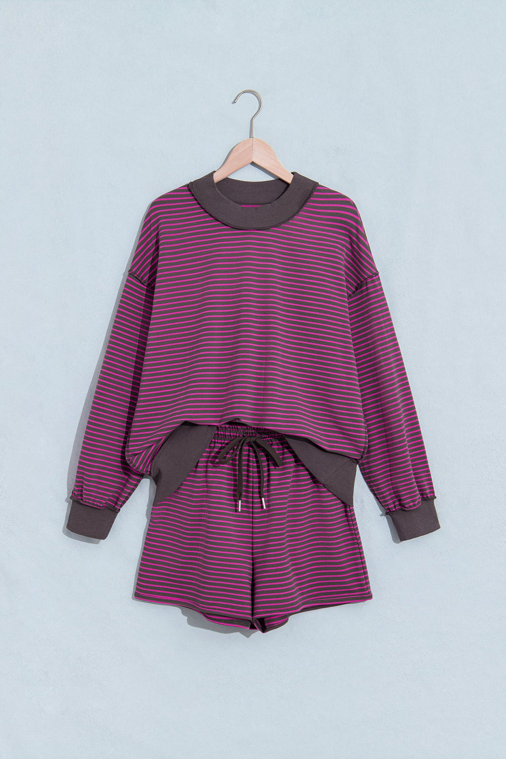 Blue Stripe Ribbed Patchwork Mock Neck Baggy Pullover Matching Shorts Set
