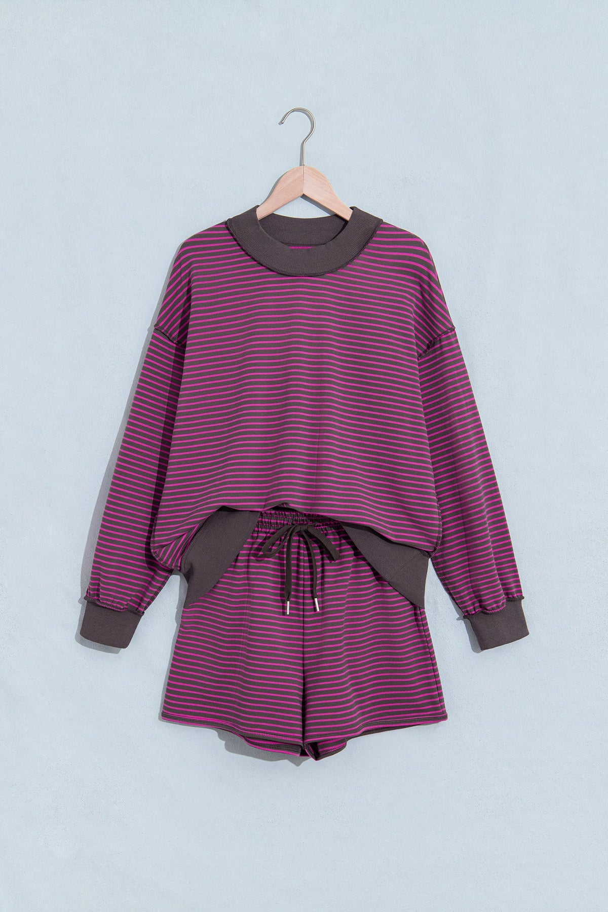 Blue Stripe Ribbed Patchwork Mock Neck Baggy Pullover Matching Shorts Set
