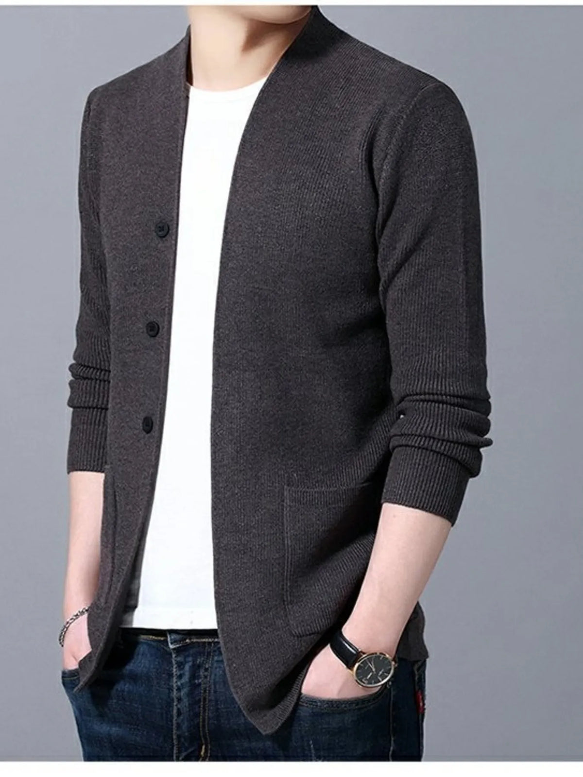 Men's Plus Size Long Sleeve Cardigan with Pockets