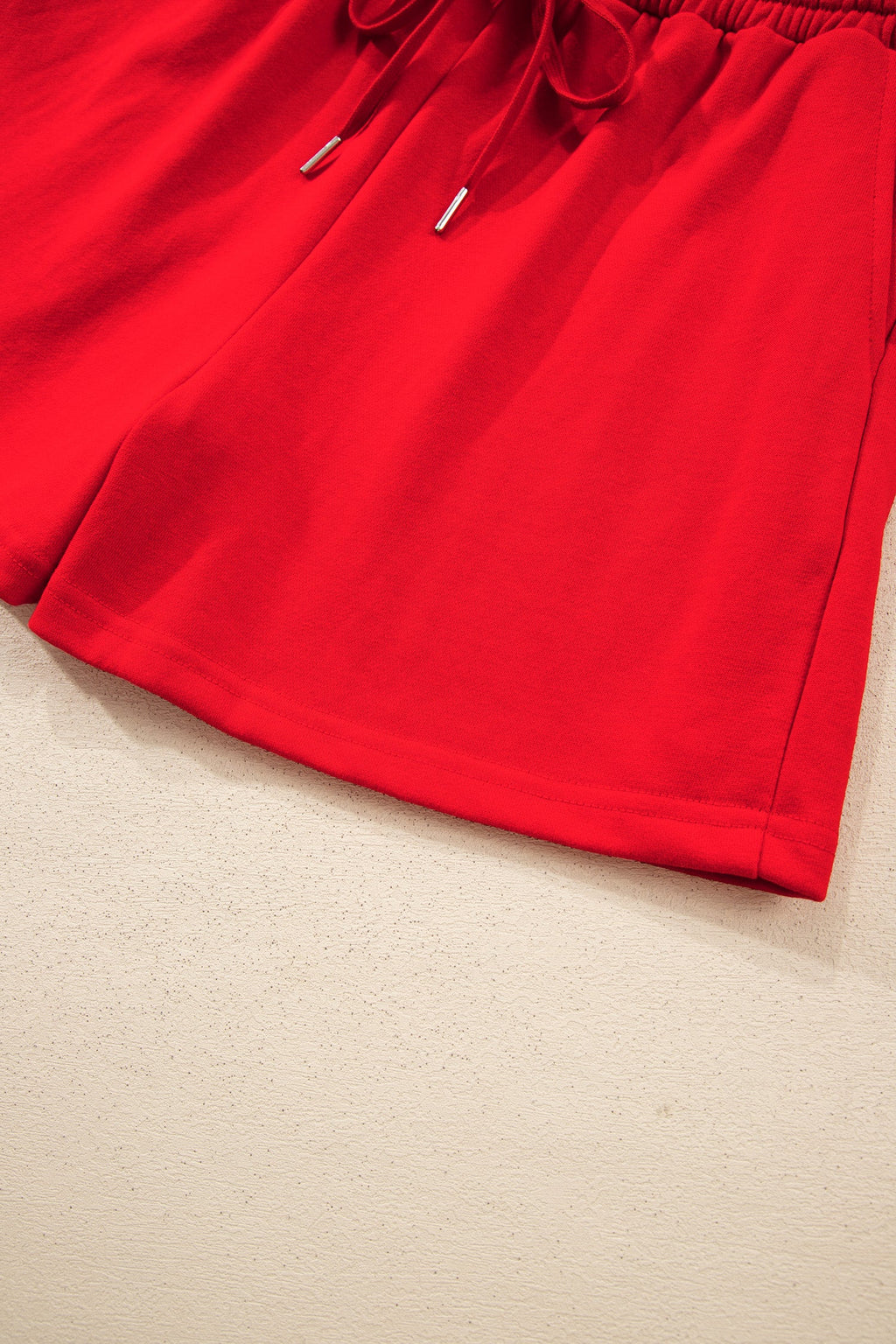 Red Plaid Patchwork Long Sleeve Top Solid Drawstring Shorts Set