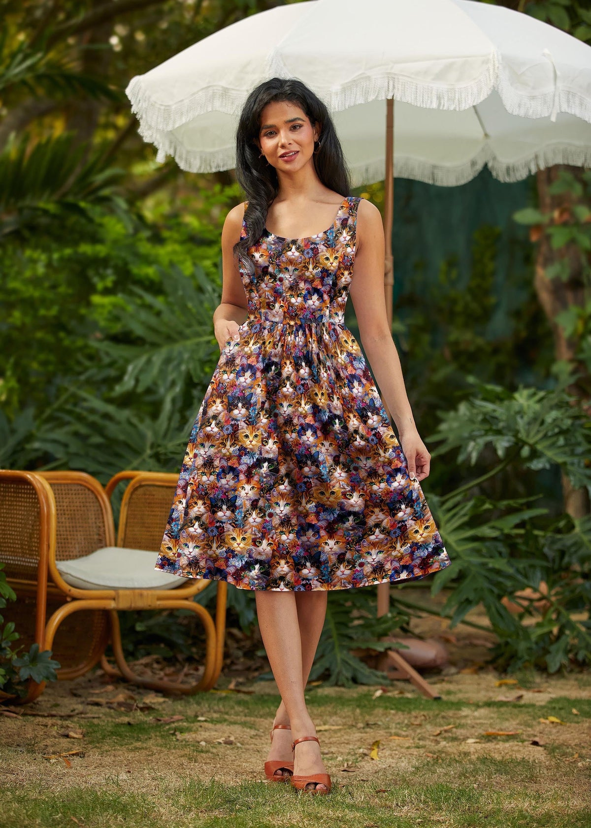 Cats & Flowers Fit & Flare Dress