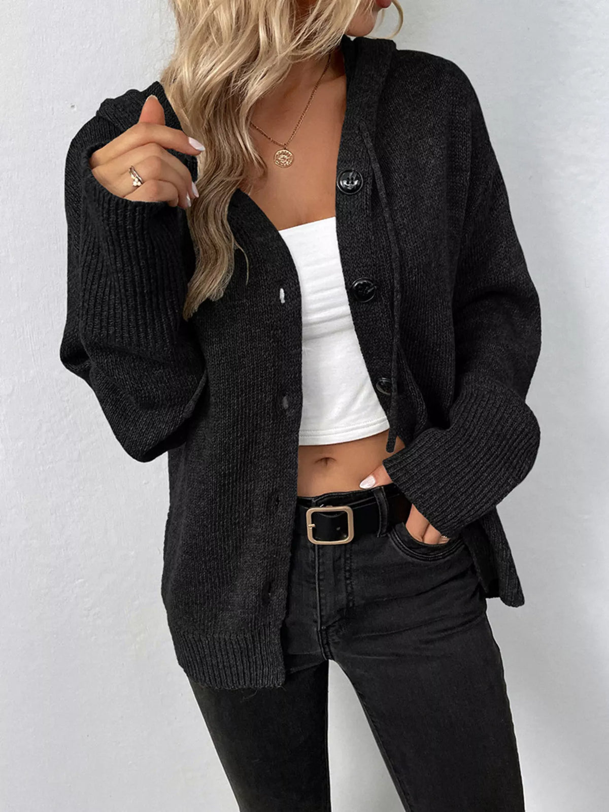 Cozy Knit Hooded Button-Down Cardigan