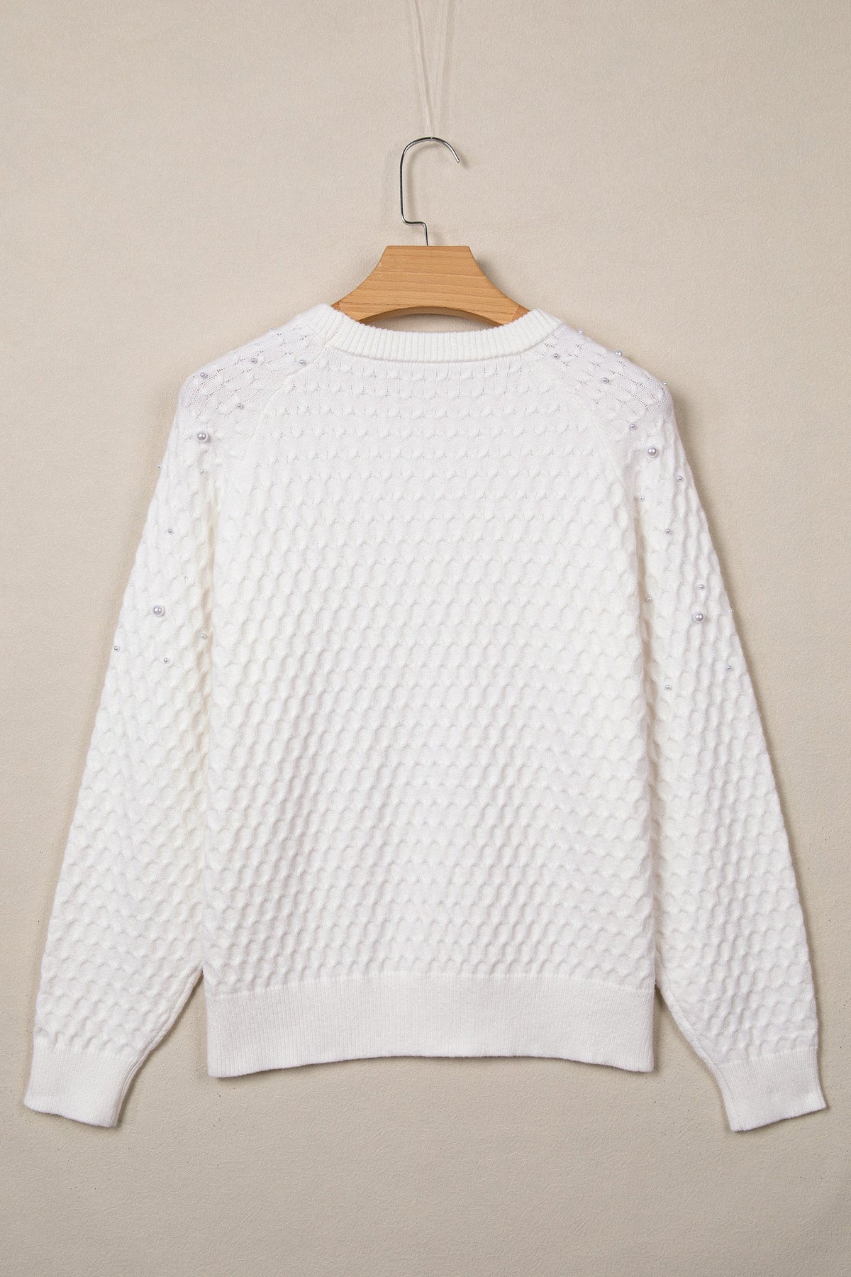 White Solid Textured Knit Pearl Embellished Pullover Sweater