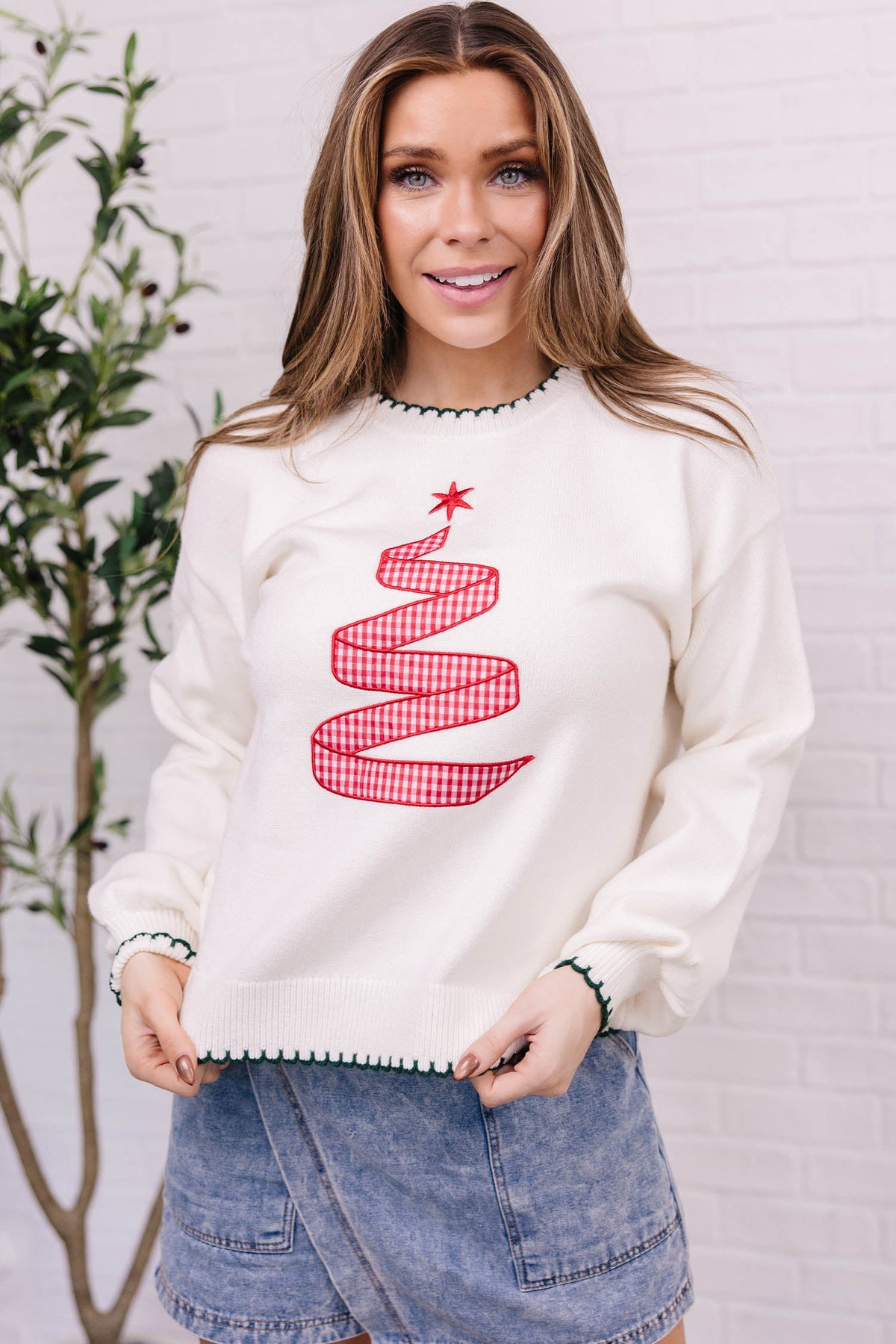 Beige Stitched Detail Christmas Tree Holiday Casual Sweater