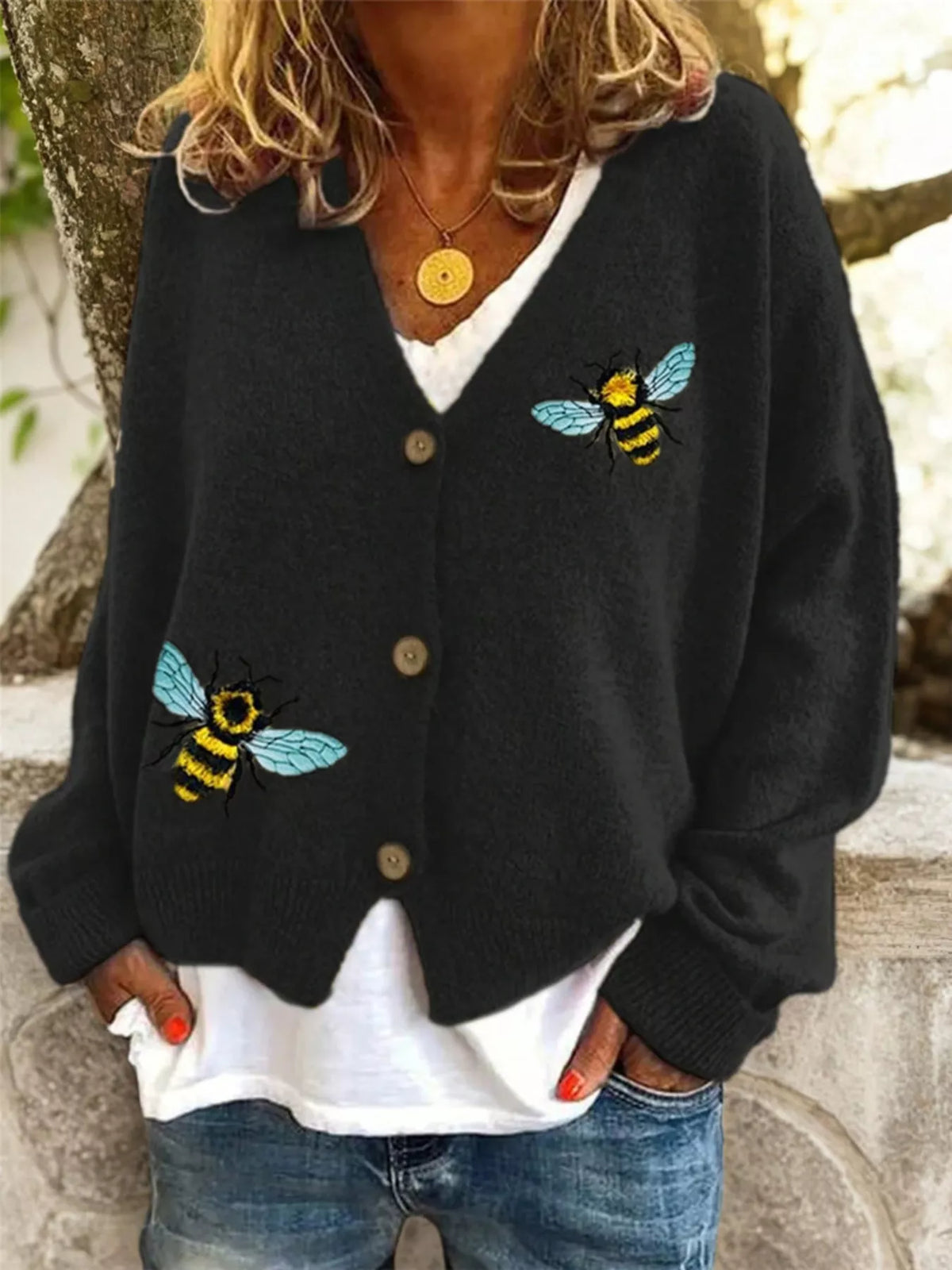 Bee Embroidered Button-Down Cardigan