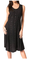 Sakkas Maya Midi Floral Embroidered Sleeveless Button Up Rayon Dress