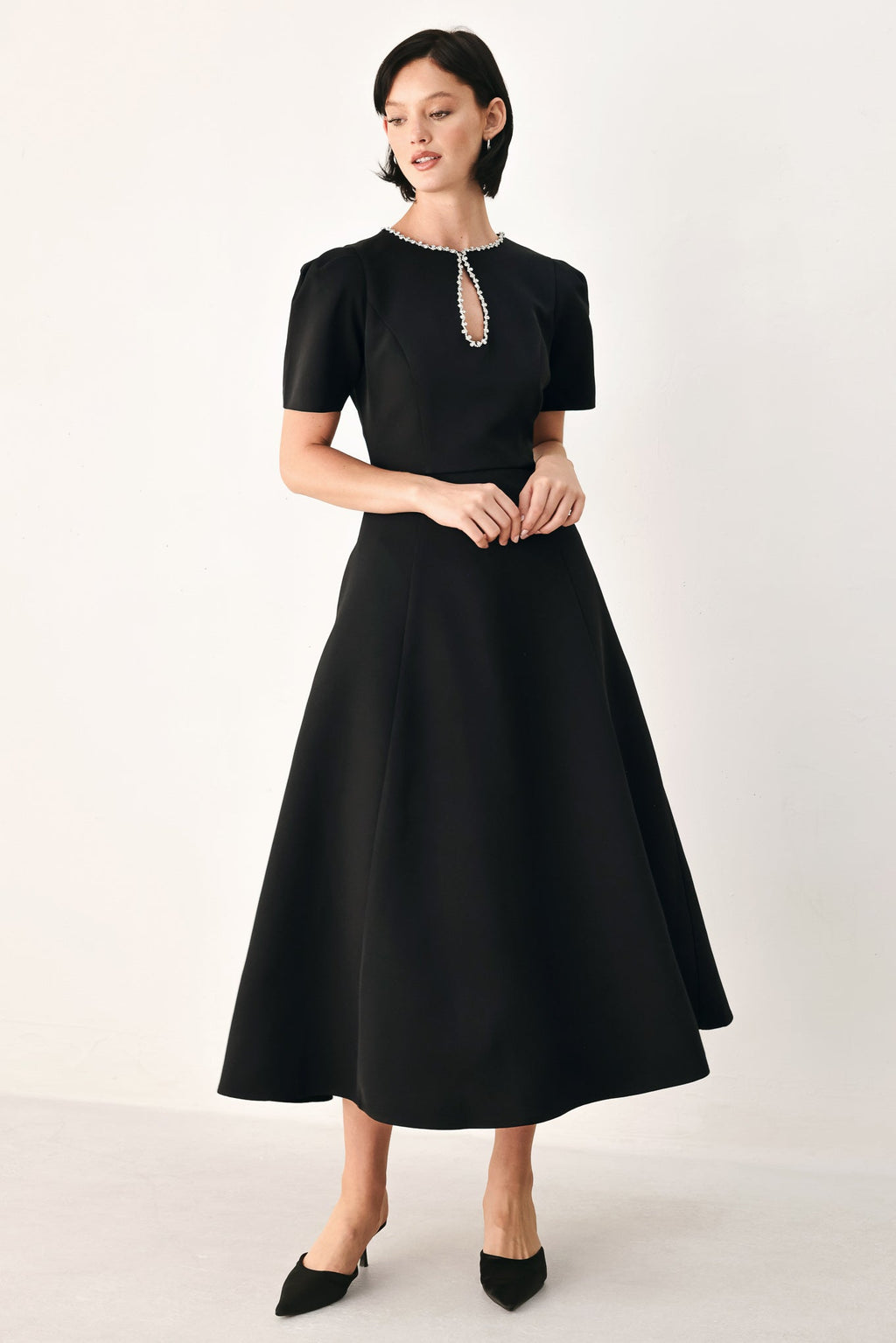 AFTER DARK ELEGANCE JEWELED MIDI DRESS