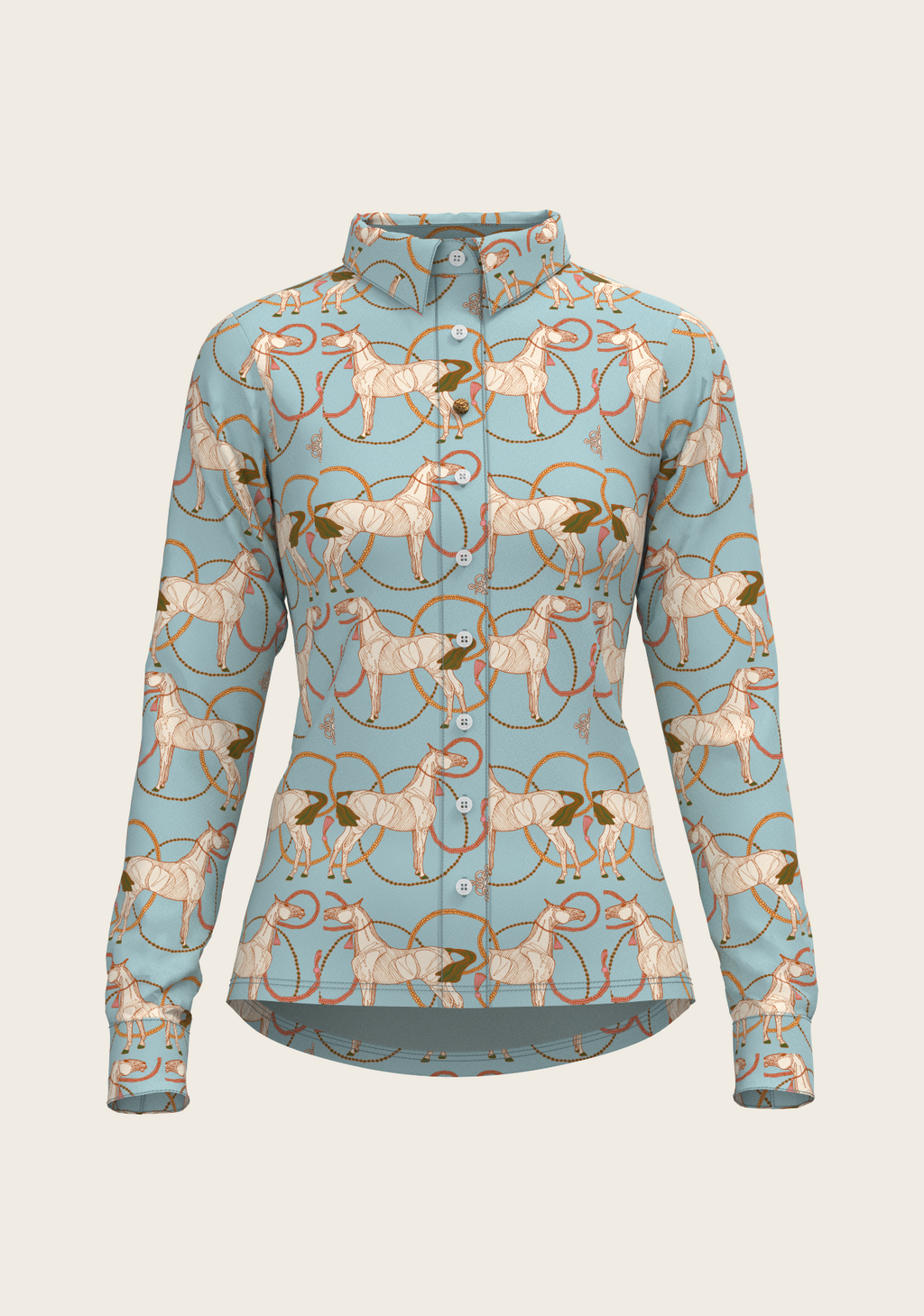 Roped Horses on Sky Blue Ladies Button Shirt