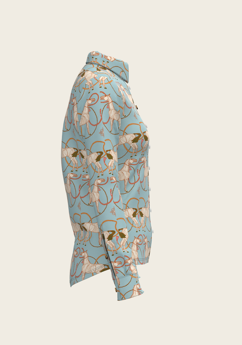 Roped Horses on Sky Blue Ladies Button Shirt