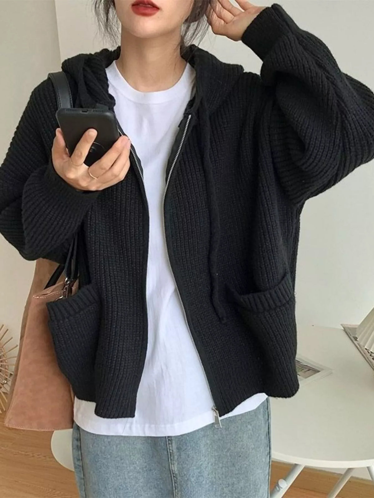 Casual Knitted Zip-Up Hooded Cardigan