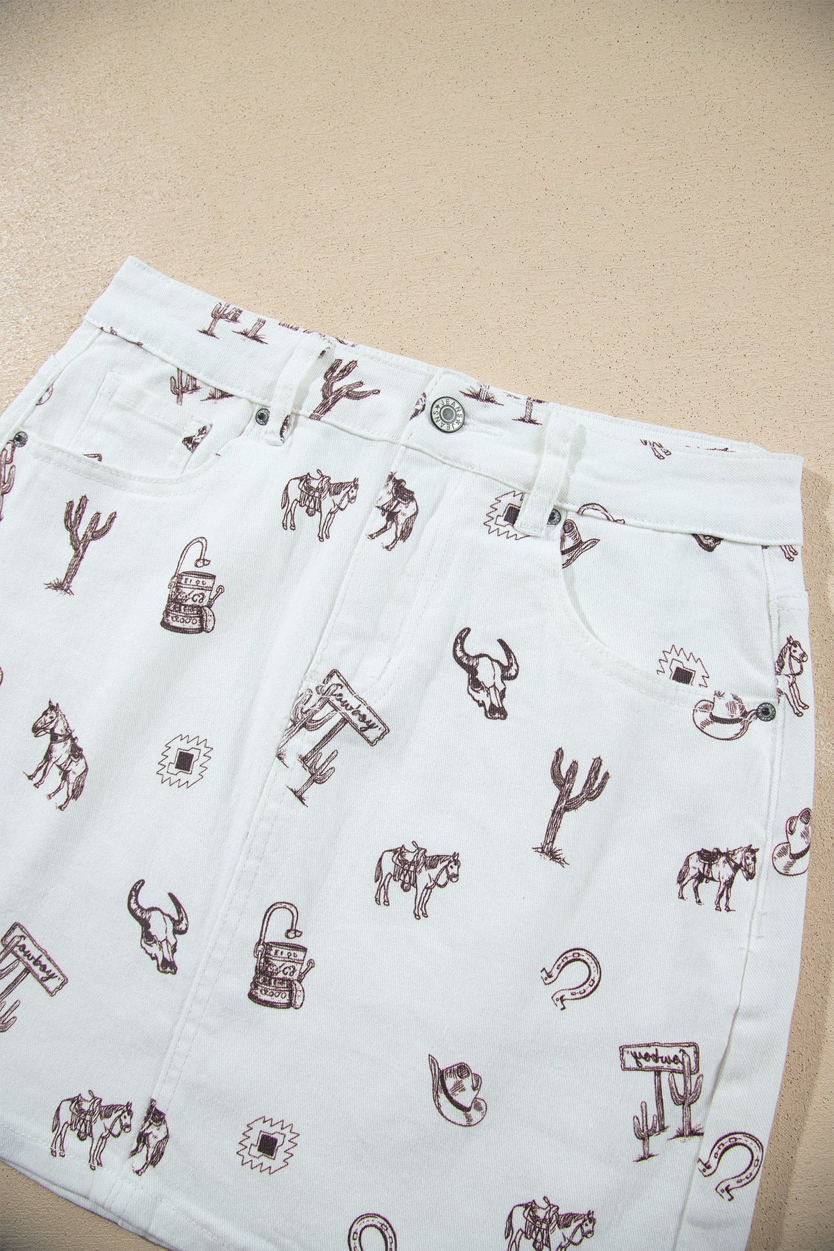 White Western Print Cactus Horse Bull Denim Skirt