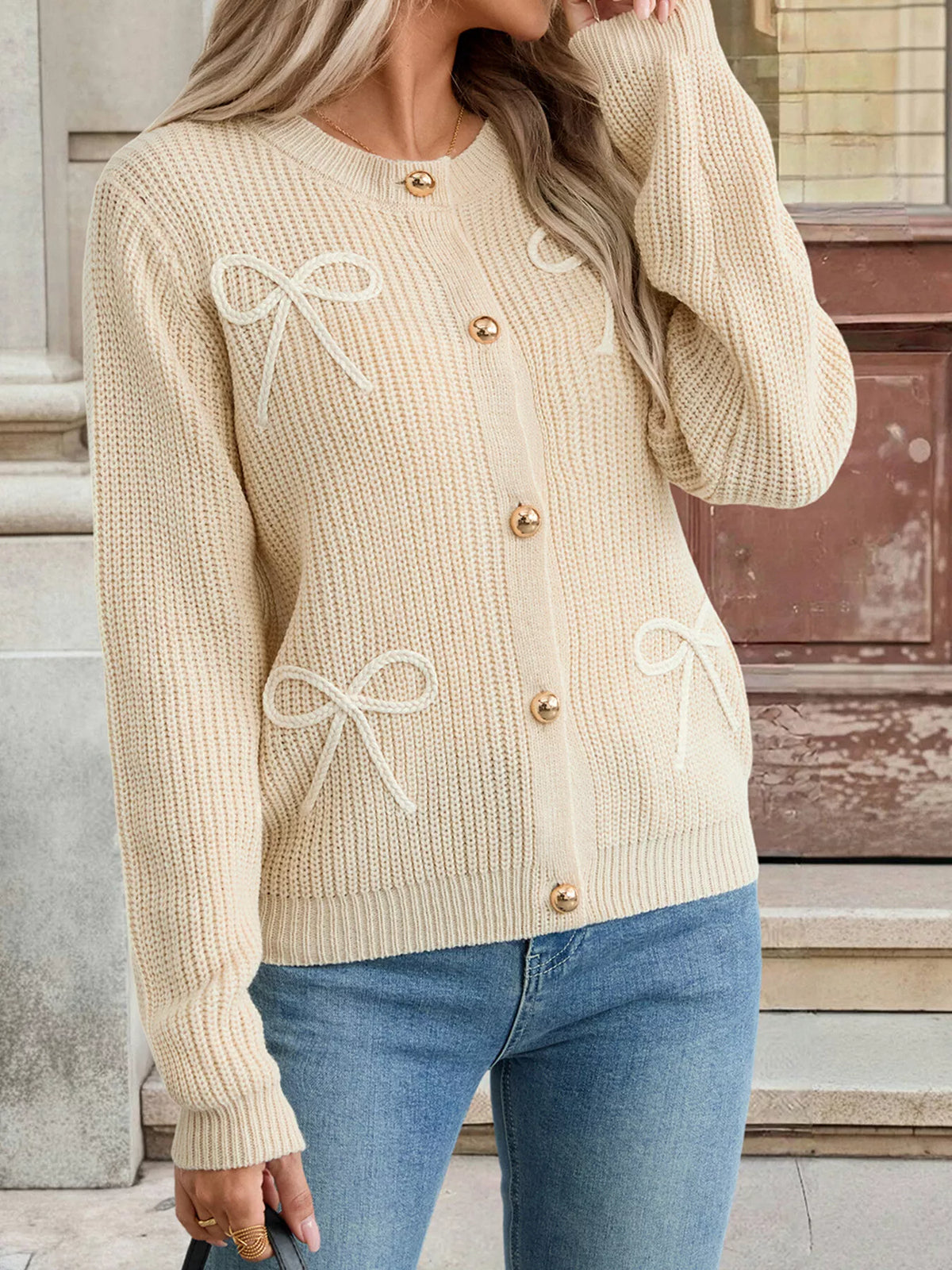 Bow Button Up Long Sleeve Cardigan