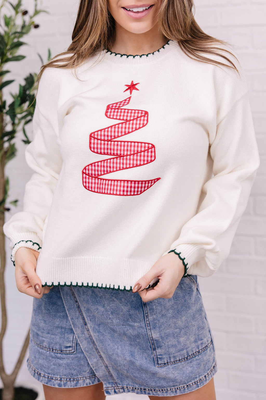 Beige Stitched Detail Christmas Tree Holiday Casual Sweater